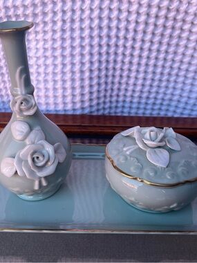 Vintage Pale Blue Porcelain Rose Accent Vase, Tray and Covered Trinket Box